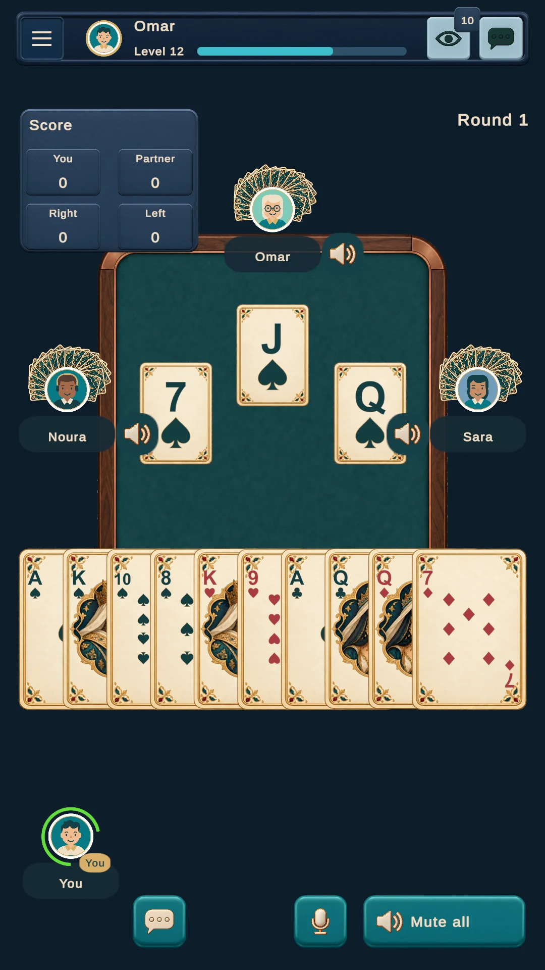 Tarneeb gameplay with player seats and a hand of cards